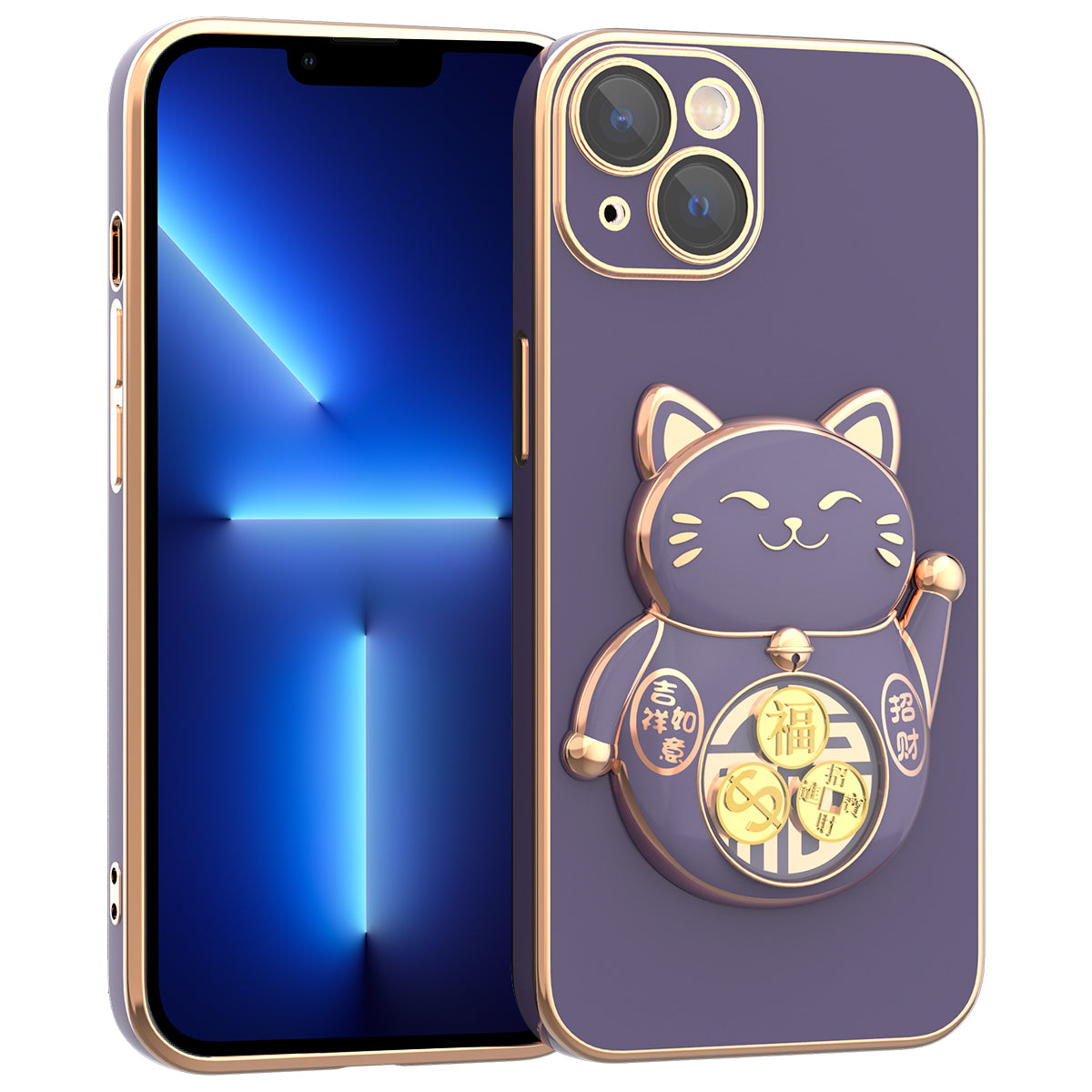 For iPhone 13 6.1 inch Electroplating Phone Case Lucky Fortune Cat Kickstand TPU+PC Shockproof Cover with Camera Lens Protector - Green For iPhone 13 6.1 inch Electroplating Phone Case Lucky Fortune Cat Kickstand TPU+PC Shockproof Cover with Camera Lens Protector - Green